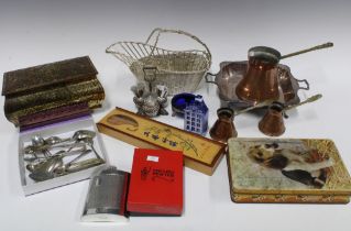 Mixed lot to include Epns wares, copper measures, Delft house, thistle cruet set, mixed boxes and