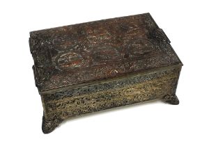 French silver plate on copper casket with hinged lid and void interior, elaborate pattern all