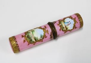 19th century pink enamel and gilt metal needle or bobbin case, likely French, with panels of