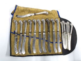 A set of five silver pistol handled knives and a set of eleven 18th century larger knives with