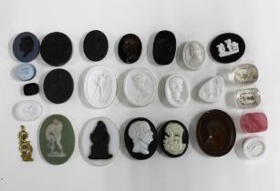 A collection of unmounted Wedgwood and other Cameo plaques and glass intaglios, largest 3.5cm