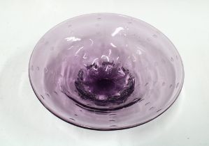 Whitefriars style art glass bowl, aubergine colour with bubble inclusions, 26cm.