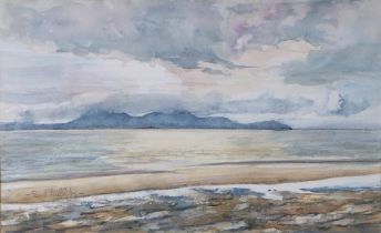 SHEENA PHILLIPS (SCOTTISH CONTEMPORARY) WINTER OVER ARRAN, signed watercolour, framed under glass,