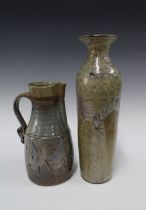 Studio pottery vase of tall & slender form together with a studio pottery jug (2) 12 x 38cm.