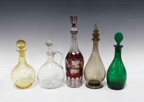 Quantity of coloured glass decanters with stoppers (5)