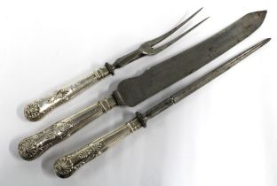 Edwardian Queens pattern silver handled three piece carving set with steel blades, Sheffield 1902 (