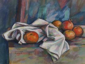 WILLIAM BINNIE (SCOTTISH b.1941) STILL LIFE WITH APPLES & ONION, signed gouache, framed under