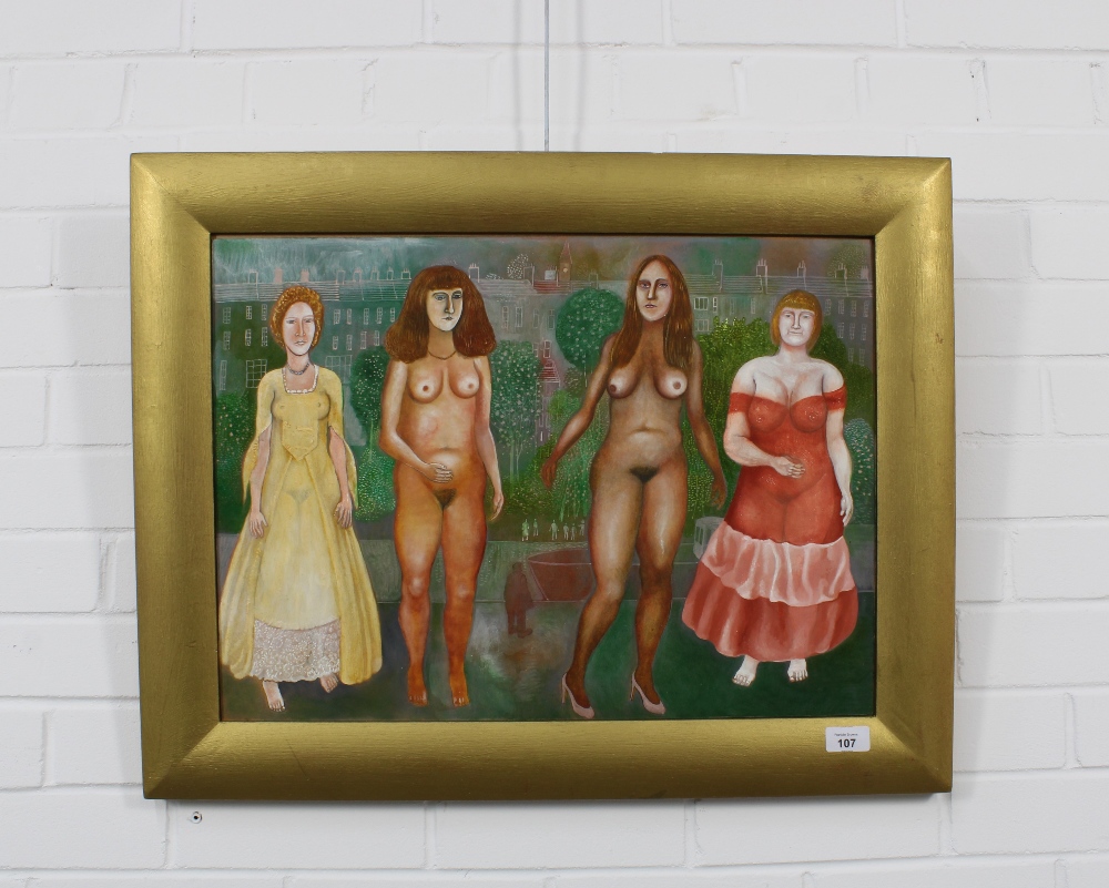 MICHAEL MCVEIGH (SCOTTISH b1957) THE FOUR GRACES, oil on board, unsigned, framed and titled verso, - Image 2 of 2