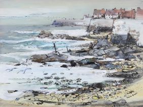 VALERIE FRASER RSW (SCOTTISH b. 1933), WINTER DAY - PITTENWEEM, Mixed media, signed and framed under