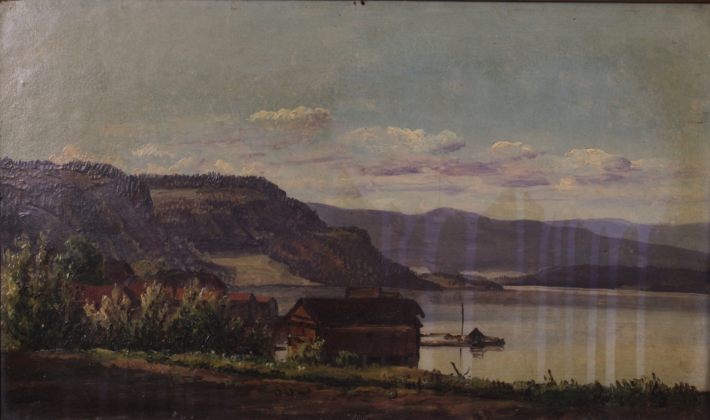 NORSK FJORD, oil on board, apparently unsigned but with label attribution to GUDE, framed, 33 x 20cm