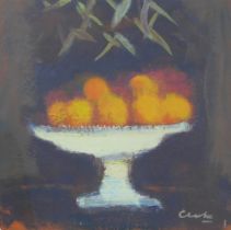MICHAEL G CLARK PAI RSW (BRITISH b. 1954) STILL LIFE BOWL OF ORANGES, oil on board, signed and
