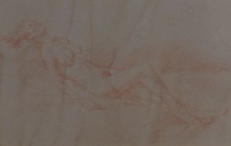 Red chalk drawing of a female nude, unsigned, framed under glass, 34 x 22cm