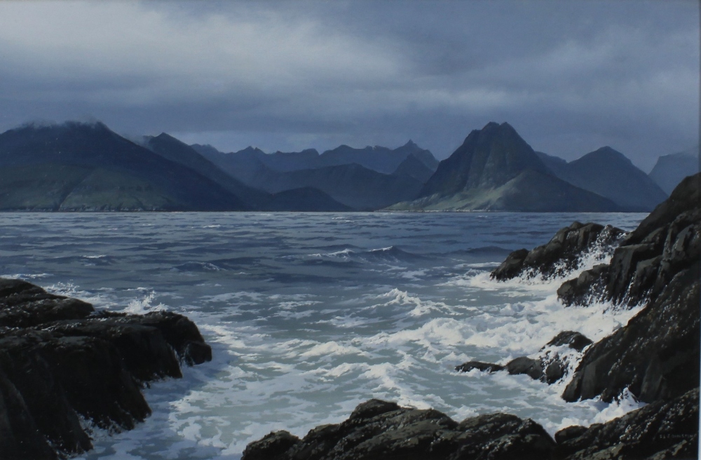 IAN S. JOHNSTON (SCOTTISH 1957-2009) LOCH SCAVAIG & THE CUILLINS, SKYE, signed oil on board,