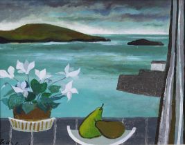 BIDDY PICARD (1922-2019) STILL LIFE WITH PEARS AND FLOWERING PLANT WITH A HARBOUR VIEW, oil on canv