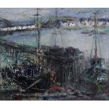 JOAN RENTON R.S.W., S.S.A., S.S.W.A. (SCOTTISH 1935-) HARBOUR SCENE, oil on canvas, signed bottom