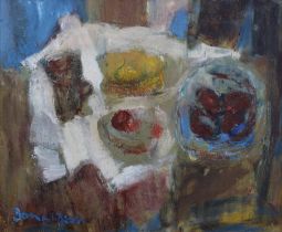 JEAN DONALDSON (SCOTTISH 20TH CENTURY) STILL LIFE WITH STRAWBERRIES, signed oil on board, framed