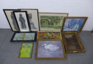 A quantity of framed prints and artworks, to include William Russel Flint artist proof signed print