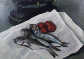 IAN RUTHVEN (SCOTTISH CONTEMPORARY) FISH AND TOMATOES, signed oil on canvas, framed and inscribed