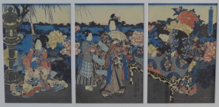 UTAGAWA KUNISADA II (1823 - 1880) TRIPTYCH COURTISAN ADMIRER (Wakamurasaki) colour woodblock on