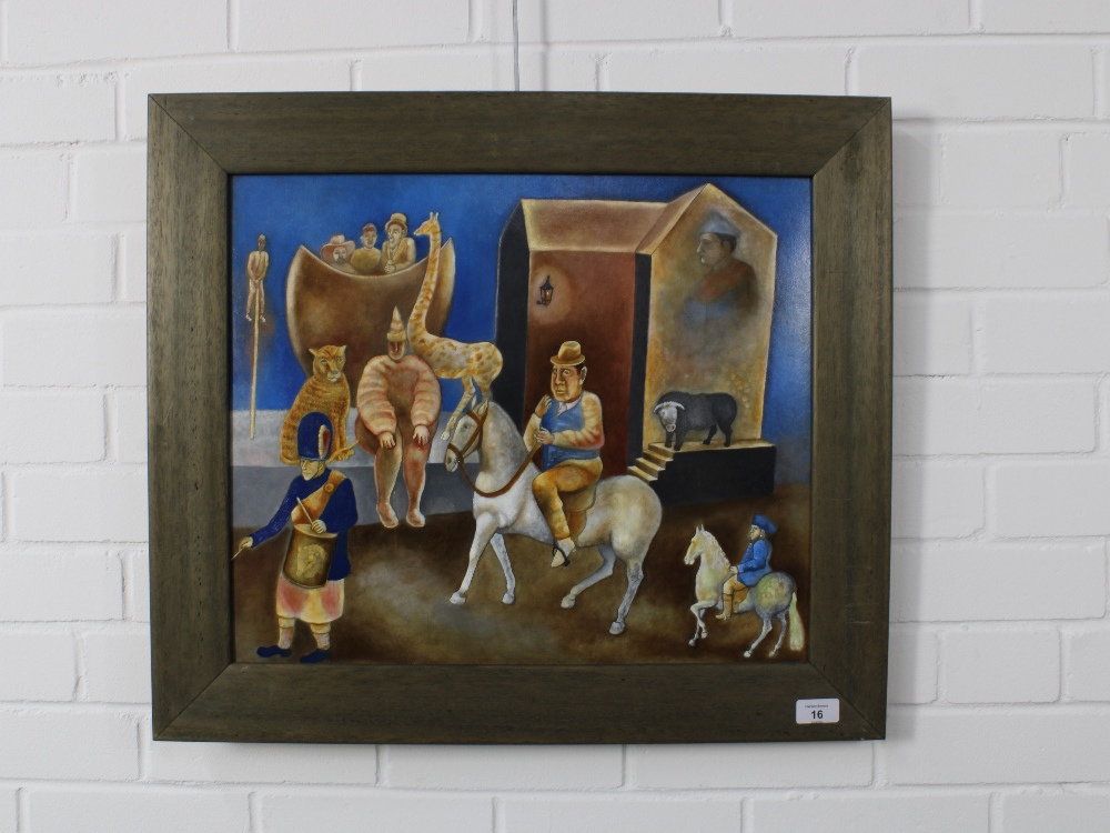 MICHAEL MCVEIGH (SCOTTISH b1957) A THEATRE OF DREAMS, signed oil on board, framed and titled - Image 2 of 2