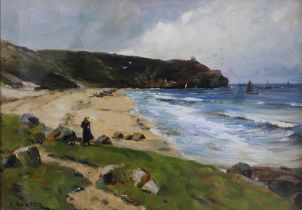 C. HUNTER, Untitled Shore Scene, oil on board, signed and framed under glass, 34 x 24cm