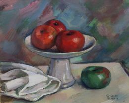 WILLIAM BINNIE (SCOTTISH b.1941) STILL LIFE WITH APPLES, signed gouache, framed under glass and