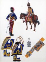 HUSSARS, gouache book illustration, signed with initials CFR, framed under glass, 36 x 50cm