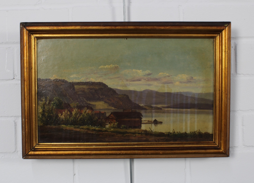 NORSK FJORD, oil on board, apparently unsigned but with label attribution to GUDE, framed, 33 x 20cm - Image 2 of 3