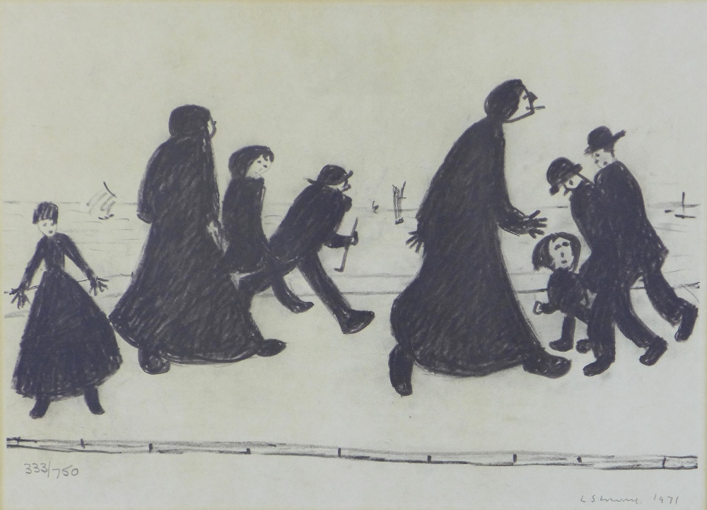 L.S. LOWRY R.A. (BRITISH 1887-1976) ON A PROMENADE, print numbered 333/750, framed under glass, 41 x