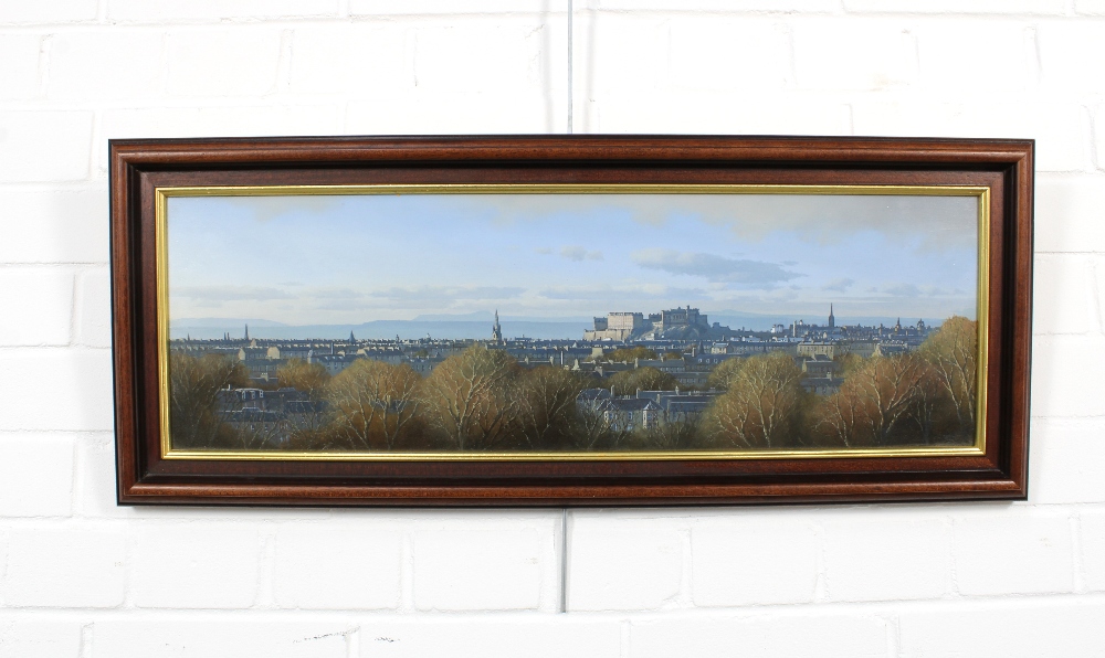 IAN S. JOHNSTON (SCOTTISH EDINBURGH SKYLINE, oil on board, framed with title label verso, 67 x 20cm - Image 2 of 2