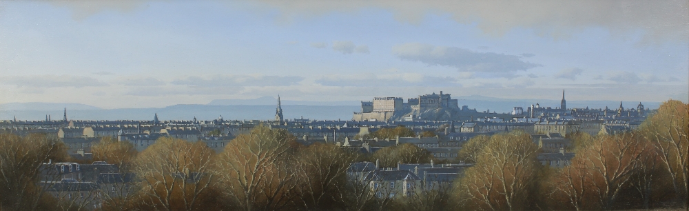 IAN S. JOHNSTON (SCOTTISH EDINBURGH SKYLINE, oil on board, framed with title label verso, 67 x 20cm