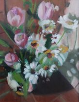 IRENE LESLIE MAIN, (Scottish b.1959), PINK TULIPS, oil on board, signed bottom left and dated