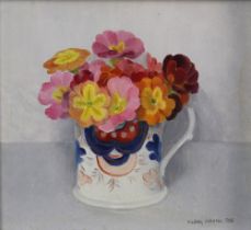 AUDREY JOHNSON (1919-2005) oil on board still life of a Gaudy jug with pansies, signed lower right