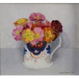 AUDREY JOHNSON (1919-2005) oil on board still life of a Gaudy jug with pansies, signed lower right