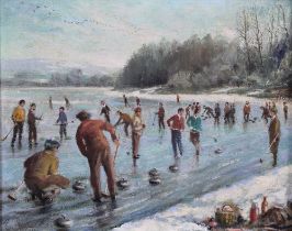 DAVID STRATTON WATT (SCOTTISH 1913-2008) BONSPIEL ON LINDORES LOCH, oil on board, signed bottom left