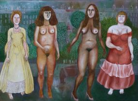 MICHAEL MCVEIGH (SCOTTISH b1957) THE FOUR GRACES, oil on board, unsigned, framed and titled verso,