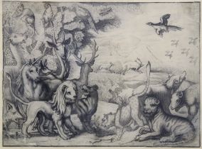 After Francis Barlow, (c.1626-1704) untitled print of fantastic animals, with a monogram, framed