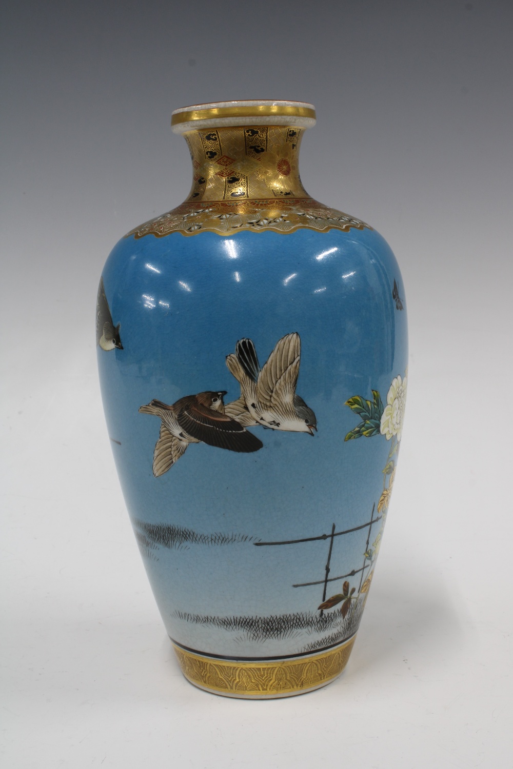 Japanese earthenware baluster vase, turquoise glazed ground and decorated with a pattern of birds, - Image 2 of 3