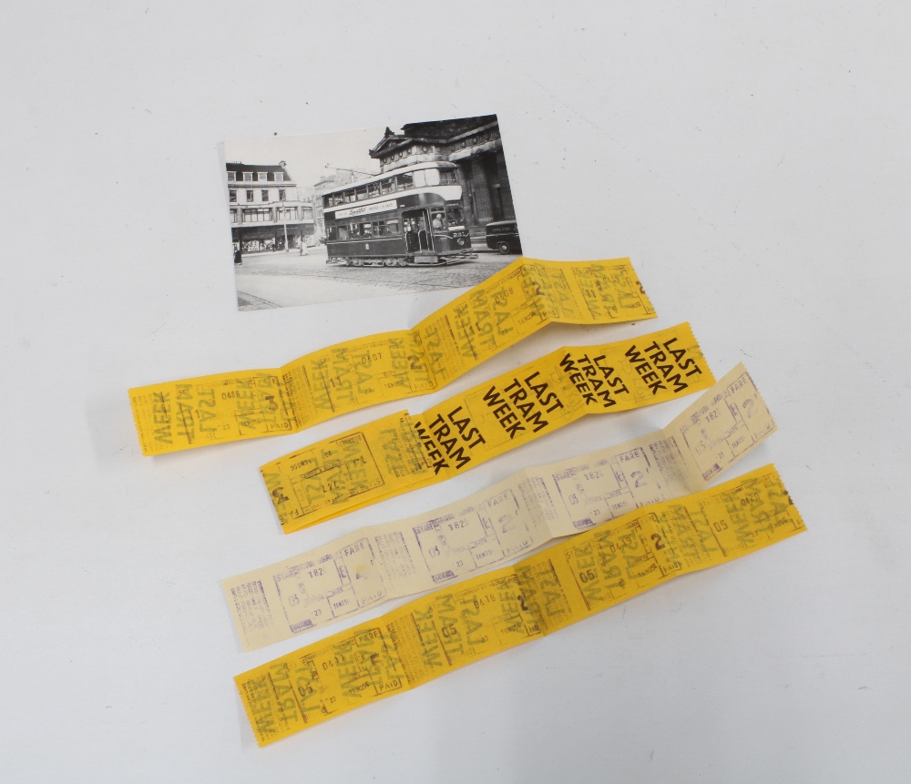 EDINBURGH TRAM, group of vintage Last Tram Week tickets and a black and white postcard of an