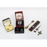 Caithness Glass cufflinks, silver napkin ring, commemorative spoons, pewter cross pendant, etc (a