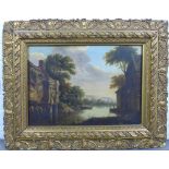 Untitled oil on board of a lakeside scene, apparently unsigned, with an ornate moulded gilt frame,