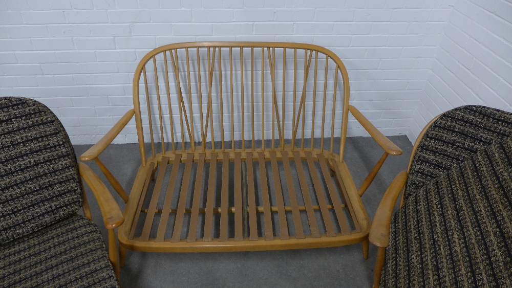 Ercol vintage blonde elm three piece suite, comprising a two seater stick back settee and pair of - Image 3 of 3