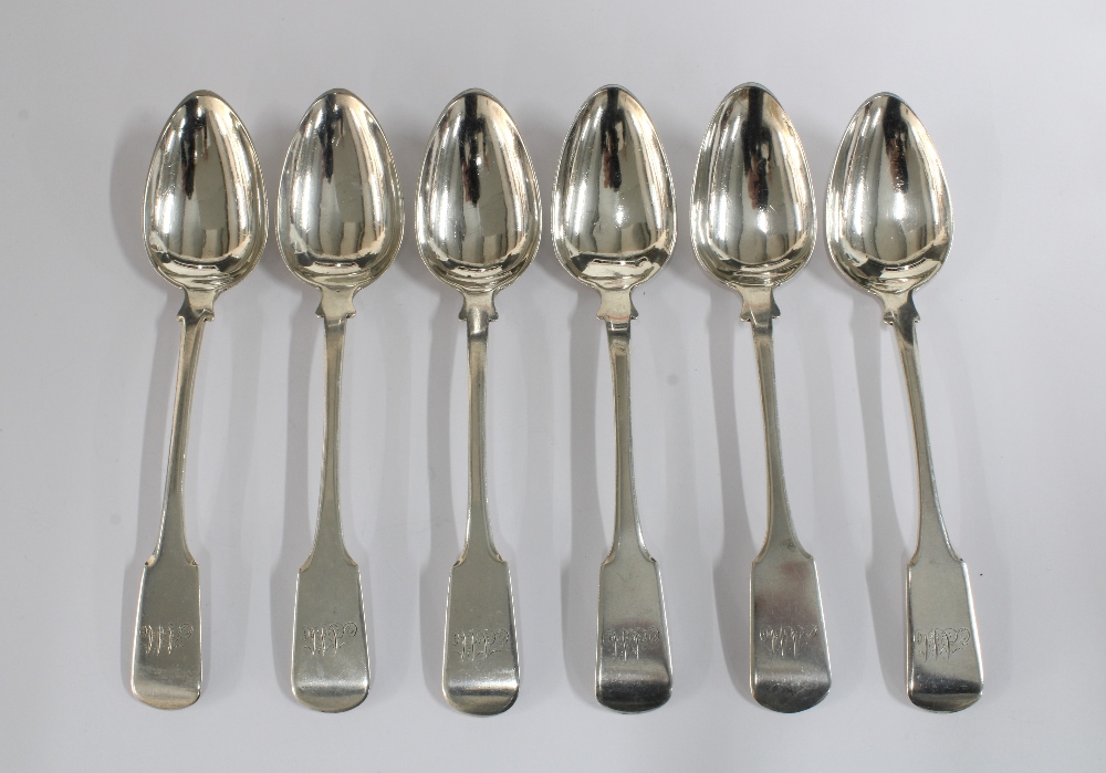 Set of six Scottish provincial silver dessert spoons, fiddle pattern, Peter Gill & Son, Aberdeen,