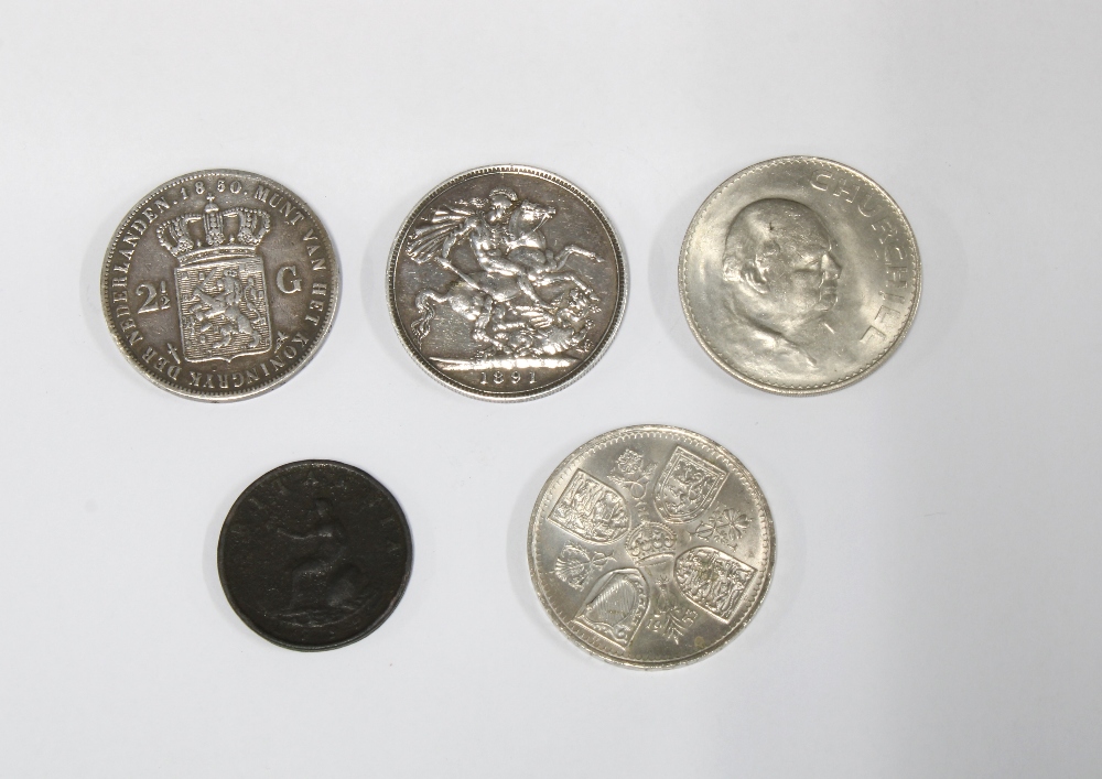 Coins to include a Queen Victoria silver crown 1891, Willem III 2 and a half Gulden, Georgian bronze - Image 2 of 2