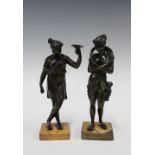 Two bronze figures, emblematic of the seasons, on square hardstone bases, 10 x 23cm (2)