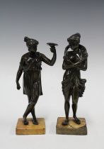 Two bronze figures, emblematic of the seasons, on square hardstone bases, 10 x 23cm (2)