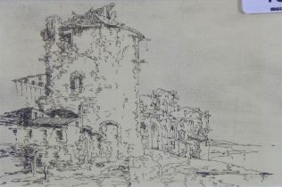 Old Farm in Spain, sketch, apparently unsigned, framed under glass, 14 x 9cm
