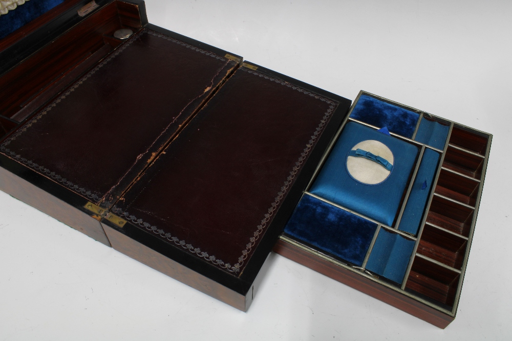 Victorian inlaid burrwood writing box, hinged lid with internal mirror, lift out trays and fold - Image 2 of 3