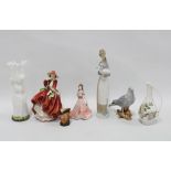 Mixed lot to include Royal Doulton and Coalport china figures, opaque glass vase, miniature