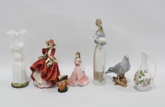Mixed lot to include Royal Doulton and Coalport china figures, opaque glass vase, miniature